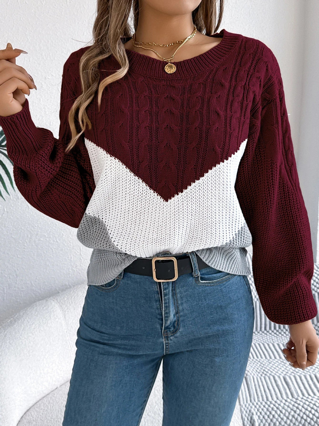 Damski Sweter Kolorowy Warkocz | Chevron