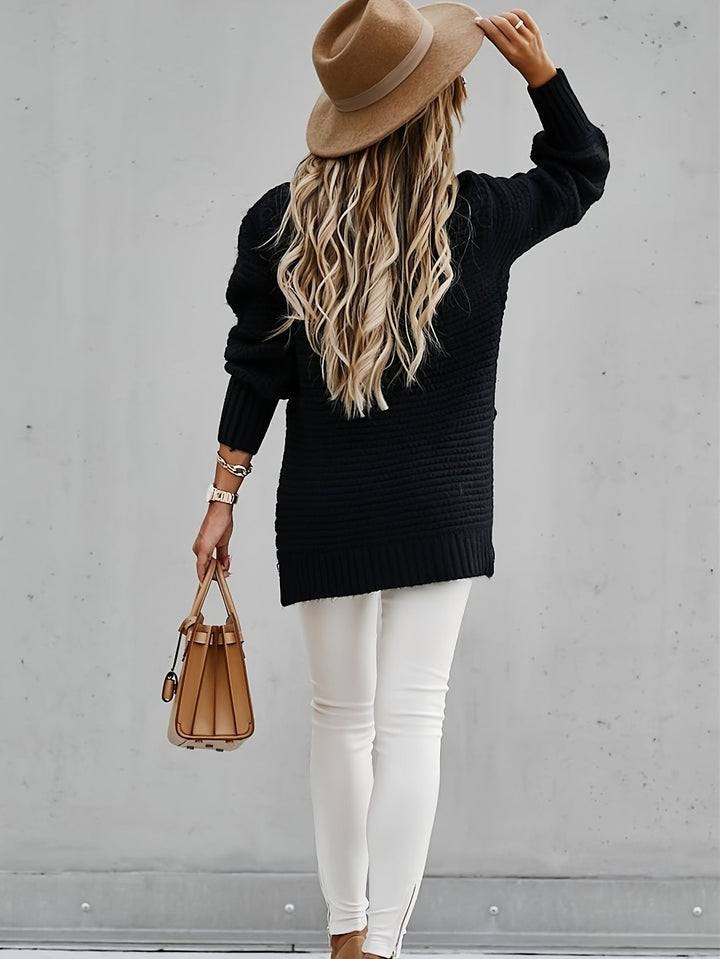Damski Sweter Oversize Prążkowany z Dzianiny | Ciepły