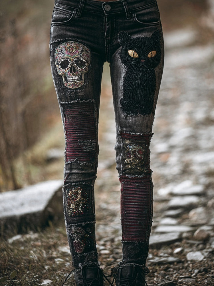 Damskie Spodnie Czarne Slim Fit Vintage | Halloween
