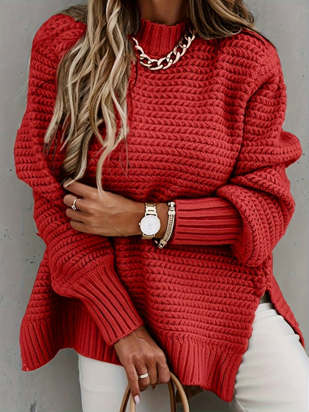 Damski Sweter Oversize Prążkowany z Dzianiny | Ciepły