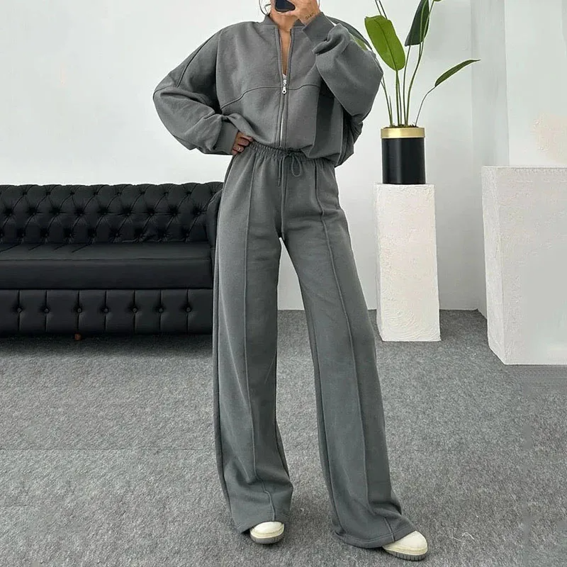 Damski Dres Zamek Oversize Prążkowany | Szerokie Nogawki