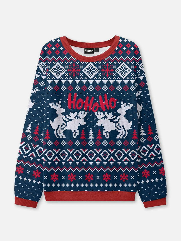 Unisex Sweter Niebieski Świąteczny z Dzianiny | Ciepły