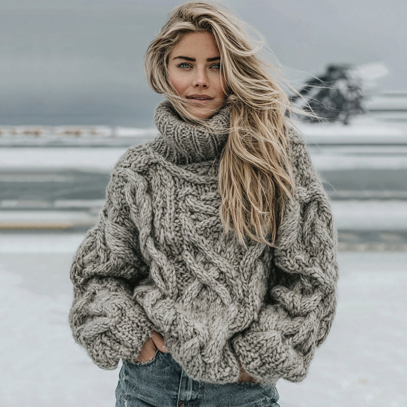 Damski Sweter Szary Szydełkowy Golf | z Dzianiny