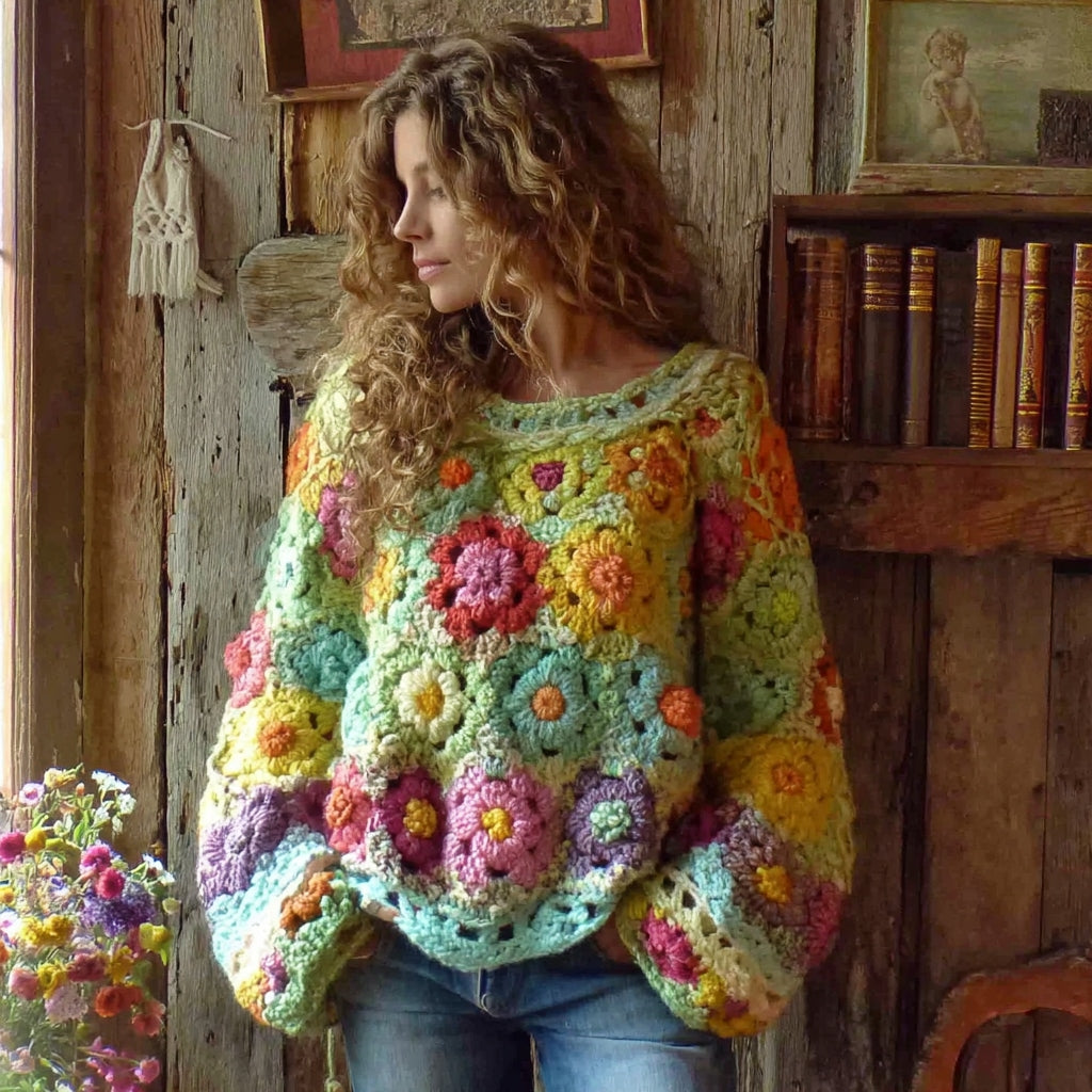 Damski Sweter Oversize Szydełkowy Zielony | Zimowa