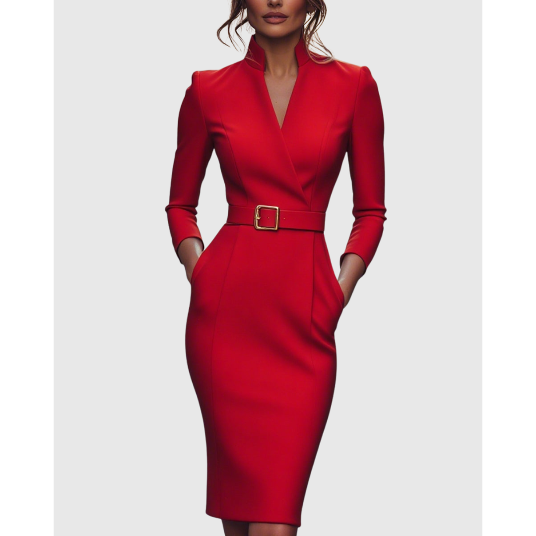 Elegancka Damska Sukienka Marynarkowa Formalna z Długim Rękawem | Midi