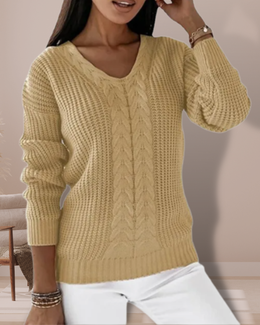 Damski Sweter V-Neck Prążkowany z Dzianiny | Zimowy
