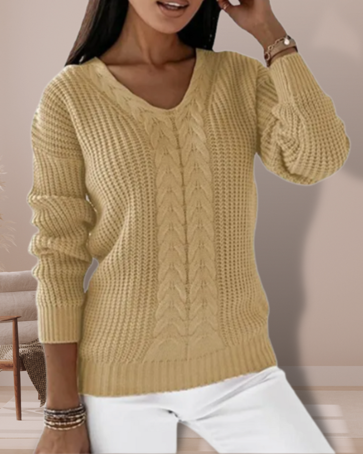 Damski Sweter V-Neck Prążkowany z Dzianiny | Zimowy