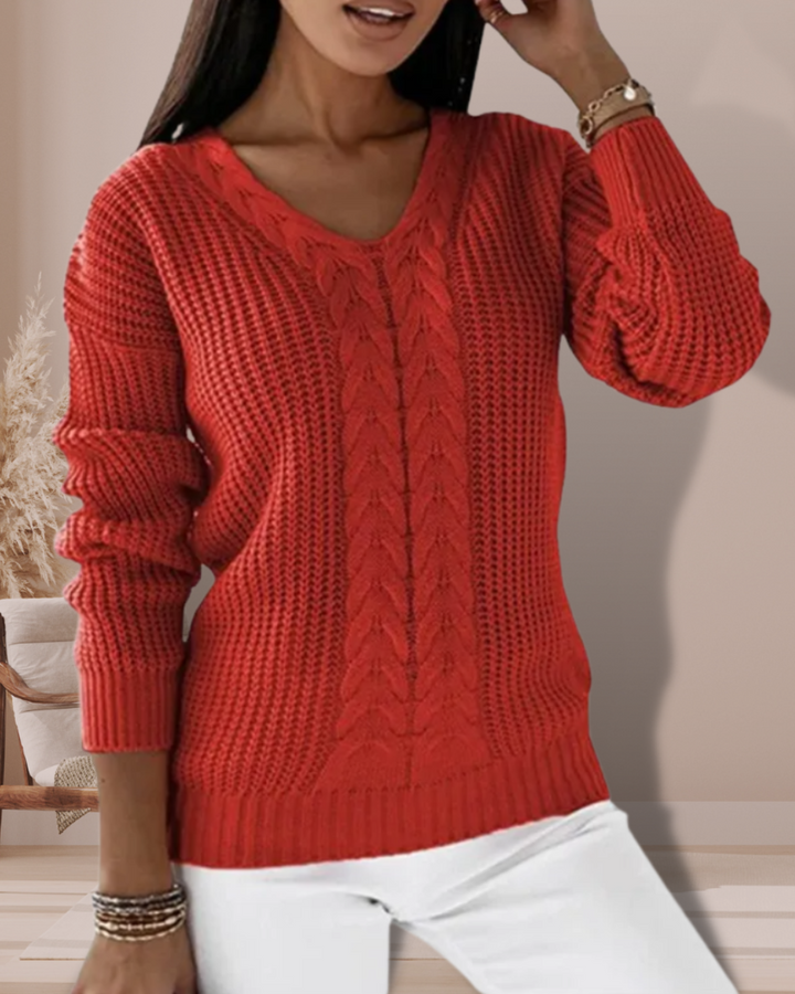 Damski Sweter V-Neck Prążkowany z Dzianiny | Zimowy