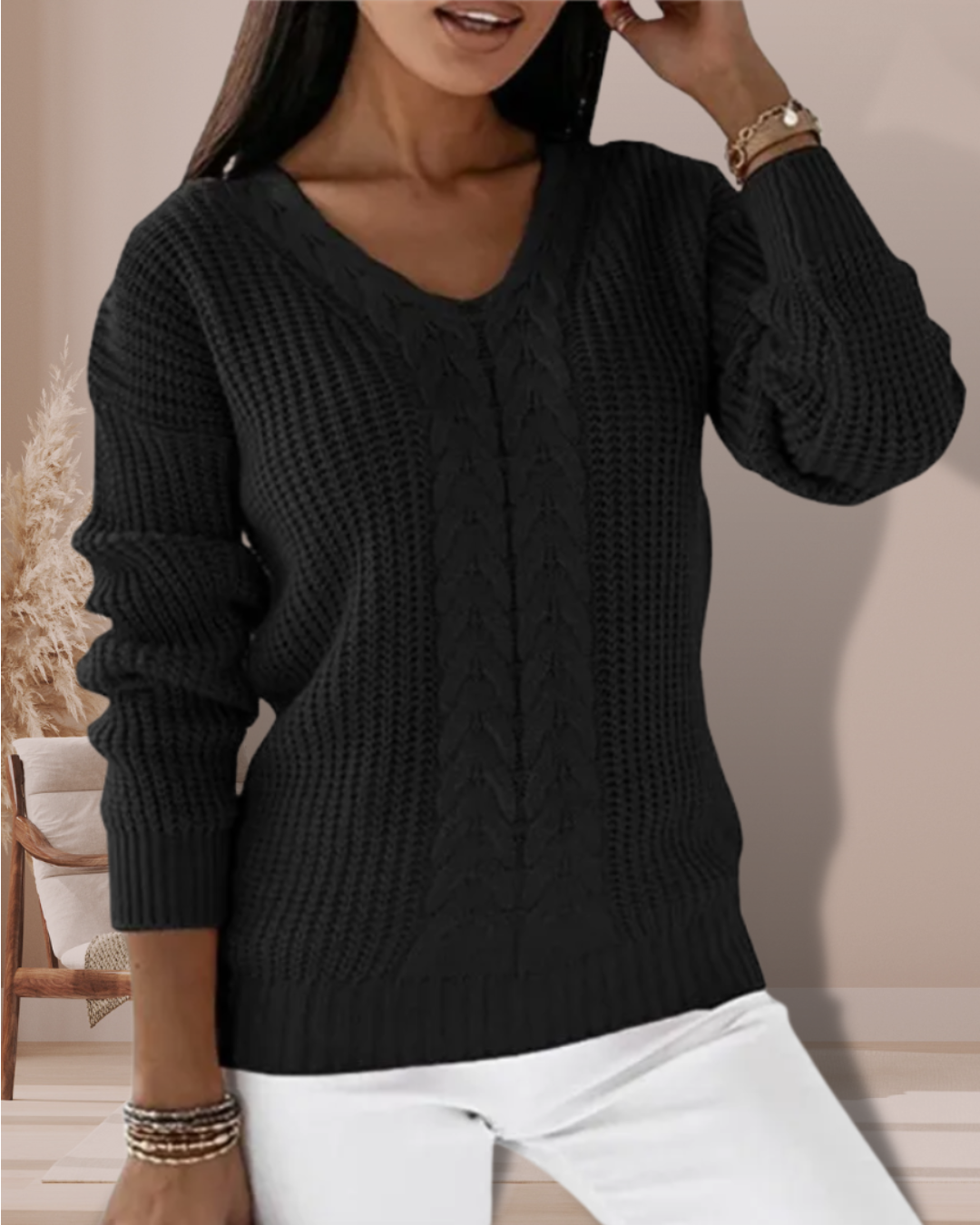 Damski Sweter V-Neck Prążkowany z Dzianiny | Zimowy