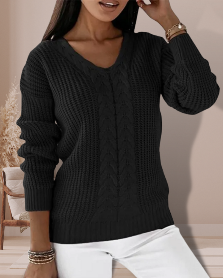 Damski Sweter V-Neck Prążkowany z Dzianiny | Zimowy