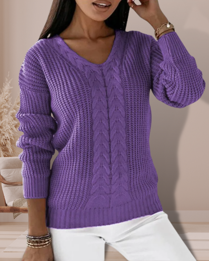 Damski Sweter V-Neck Prążkowany z Dzianiny | Zimowy