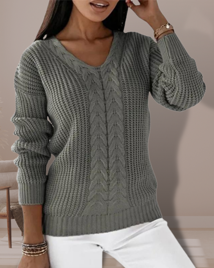 Damski Sweter V-Neck Prążkowany z Dzianiny | Zimowy