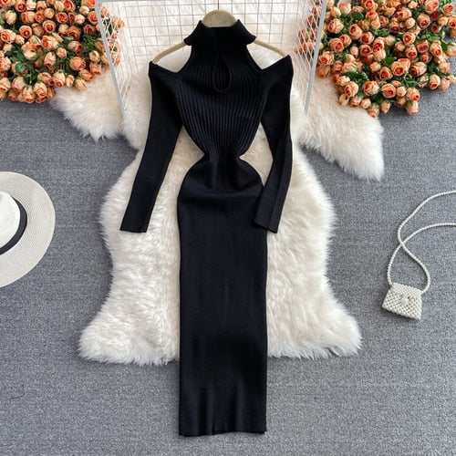 Damska Dzianinowa Sukienka Midi Z Wycięciami | Halter Neck
