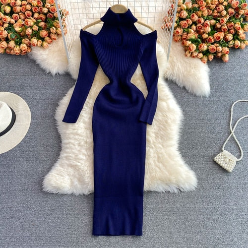 Damska Dzianinowa Sukienka Midi Z Wycięciami | Halter Neck