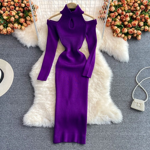 Damska Dzianinowa Sukienka Midi Z Wycięciami | Halter Neck