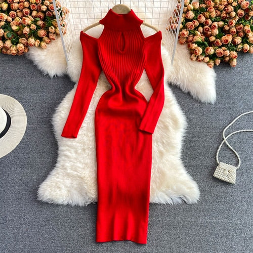 Damska Dzianinowa Sukienka Midi Z Wycięciami | Halter Neck