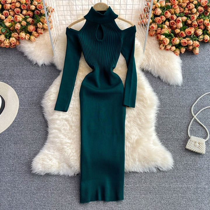 Damska Dzianinowa Sukienka Midi Z Wycięciami | Halter Neck
