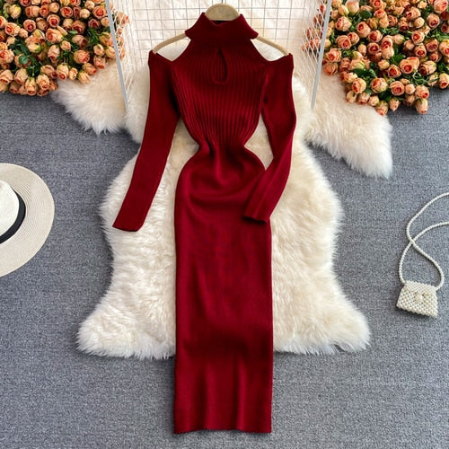 Damska Dzianinowa Sukienka Midi Z Wycięciami | Halter Neck