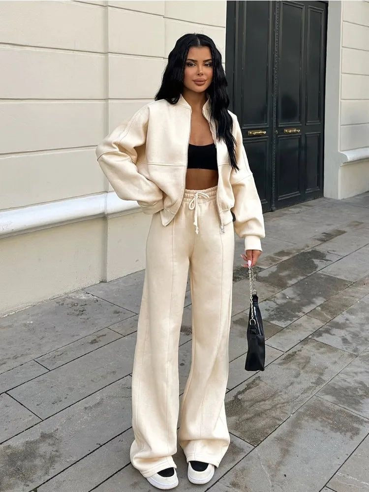 Damski Dres Zamek Oversize Prążkowany | Szerokie Nogawki