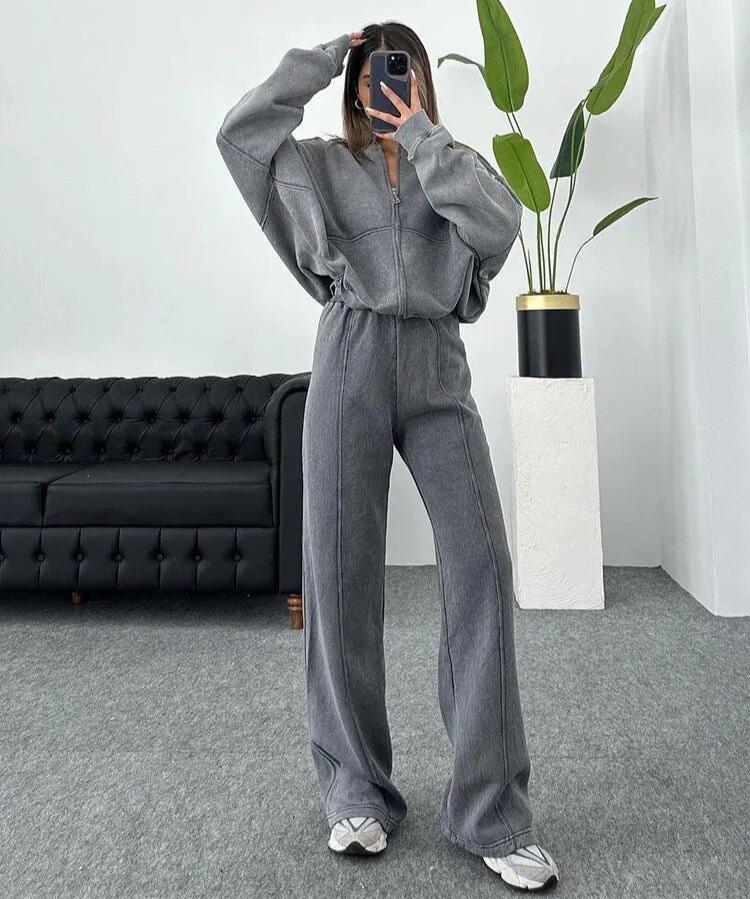 Damski Dres Zamek Oversize Prążkowany | Szerokie Nogawki