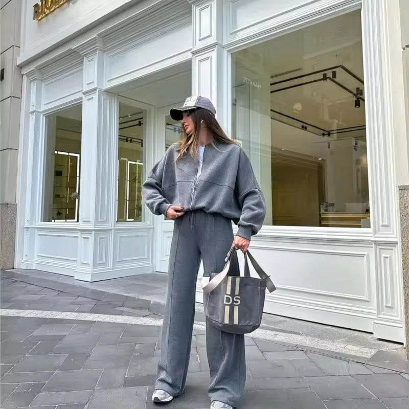 Damski Dres Zamek Oversize Prążkowany | Szerokie Nogawki