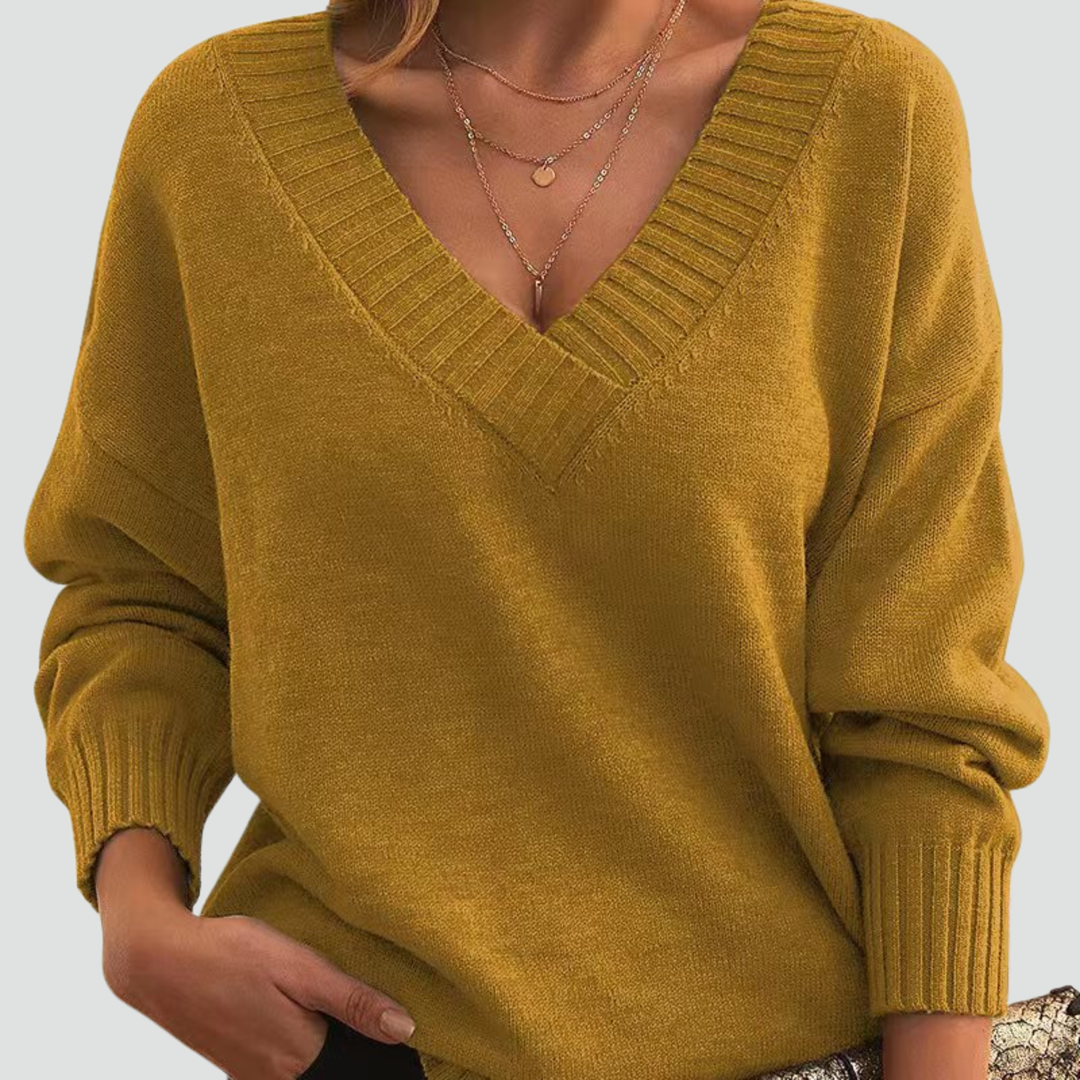 Damski Sweter V-neck Zimowa z Dzianiny | Prążkowany
