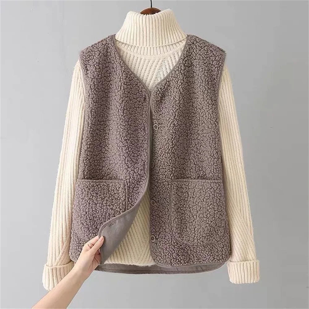 Damska Kamizelka Oversize V-Neck Zimowa | Guziki