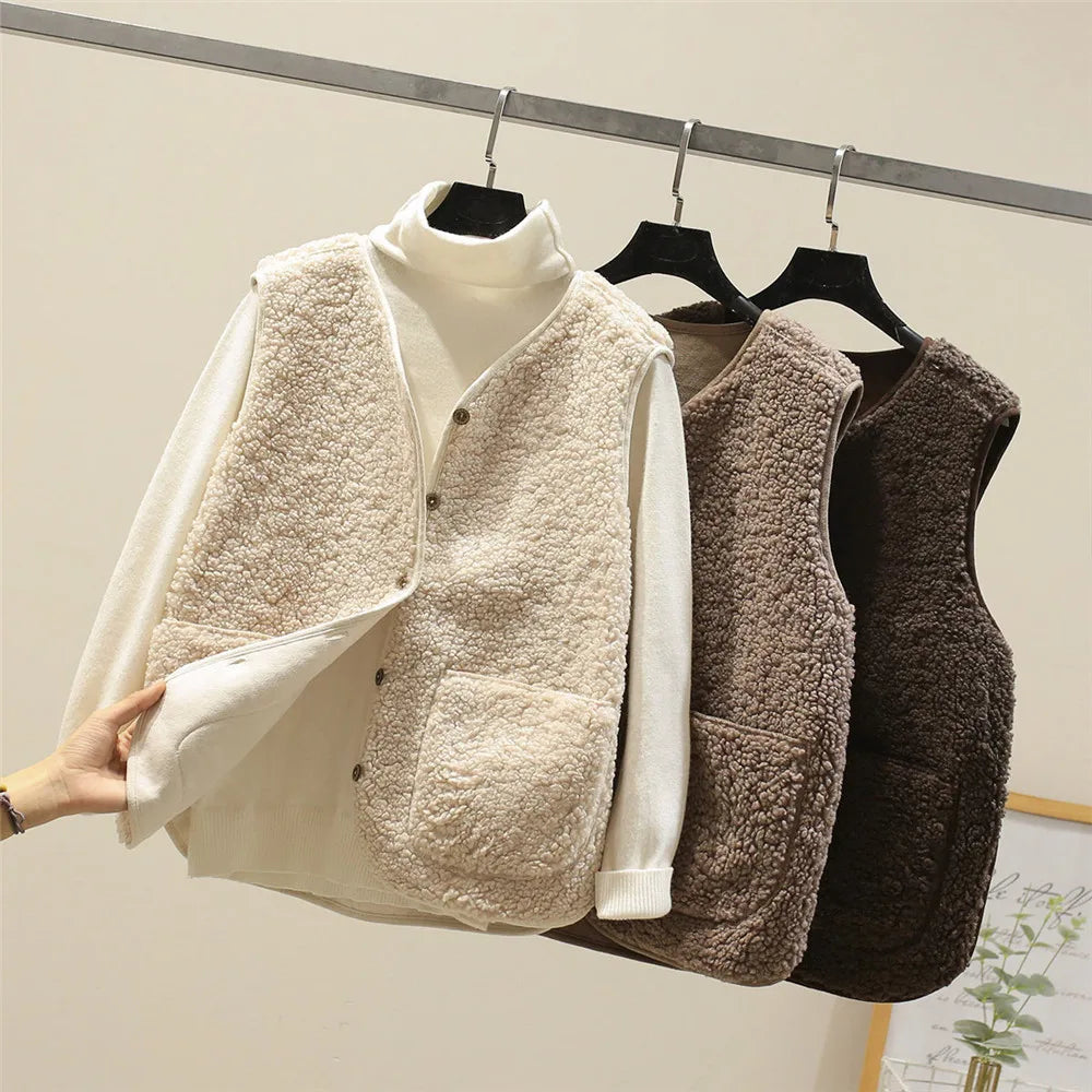 Damska Kamizelka Oversize V-Neck Zimowa | Guziki