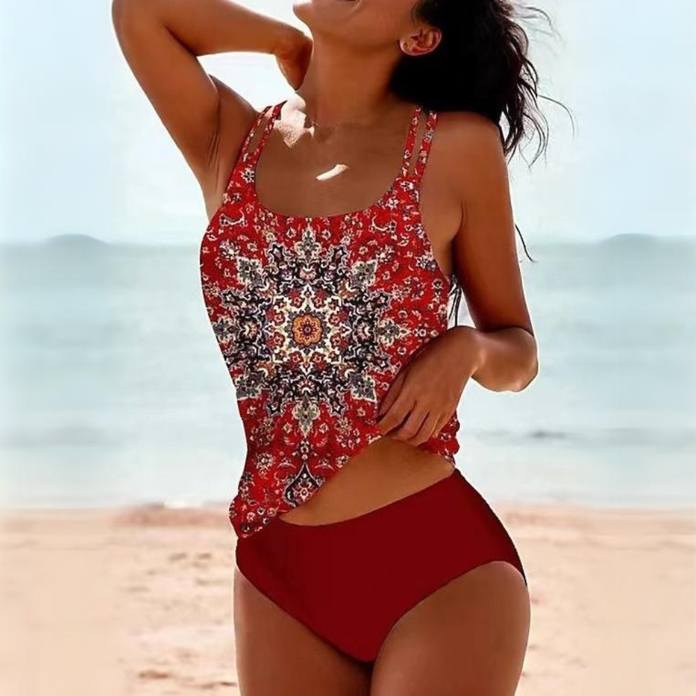 Damski Letni Komplet Tankini z Wysokim Stanem na Plażę i Basen | Strój Kąpielowy