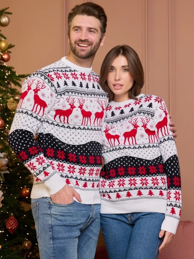 Unisex Sweter Norweski Świąteczny z Dzianiny w Renifery | Ciepły