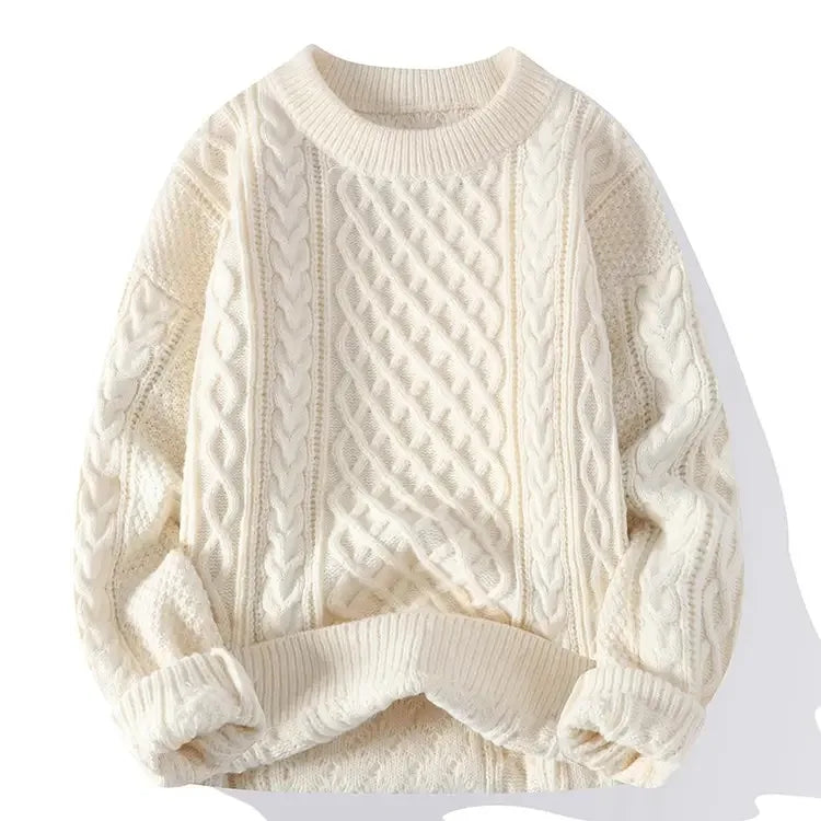 Męski Sweter w Warkocze z Okrągłym Dekoltem | Gruby