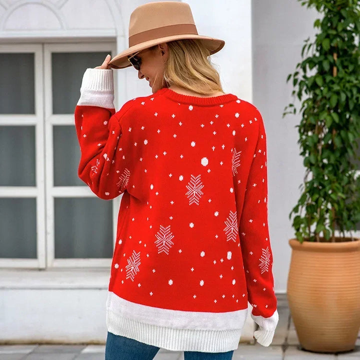 Damski Sweter Świąteczny z Dzianiny | Okrągły Dekolt