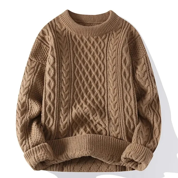 Męski Sweter w Warkocze z Okrągłym Dekoltem | Gruby