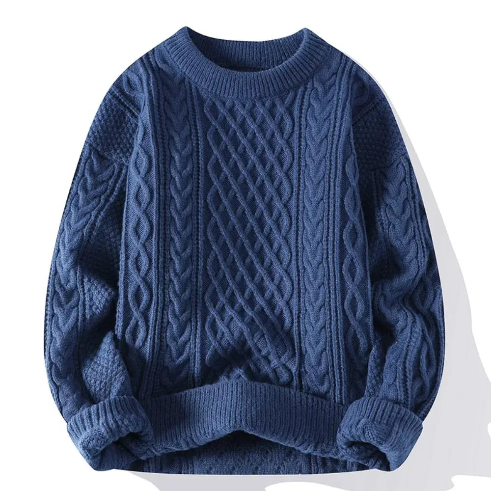 Męski Sweter w Warkocze z Okrągłym Dekoltem | Gruby