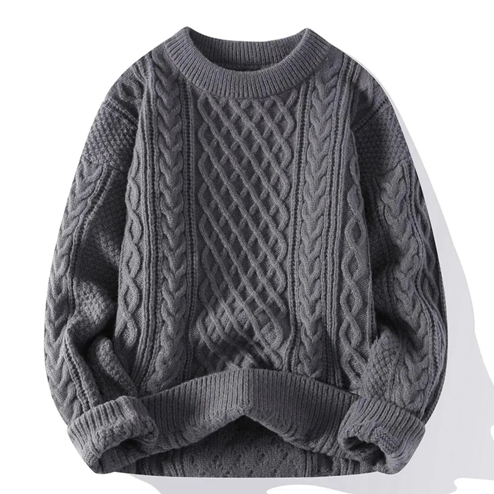 Męski Sweter w Warkocze z Okrągłym Dekoltem | Gruby