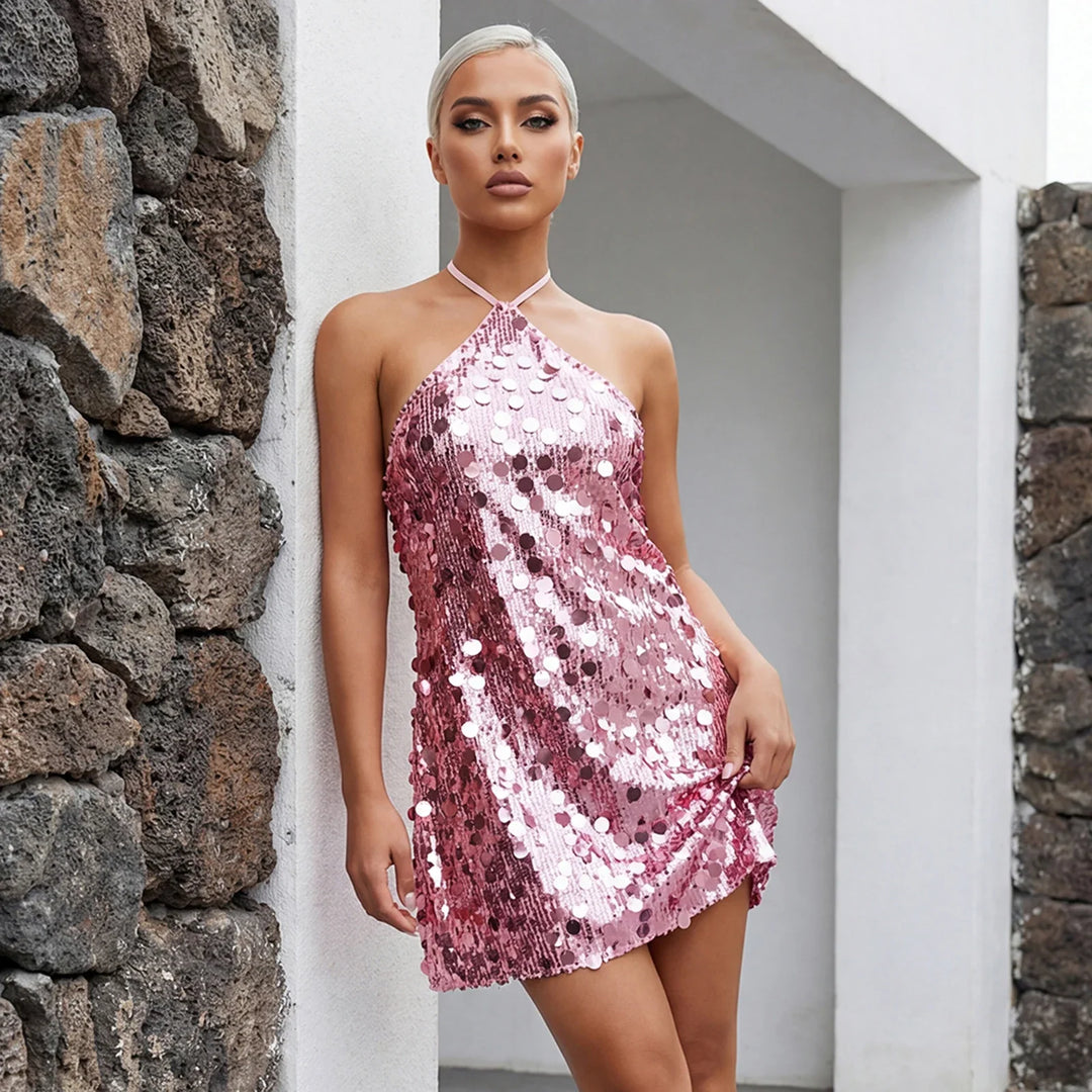 Damska Sukienka Cekinowa Mini z Odkrytymi Plecami | Halter