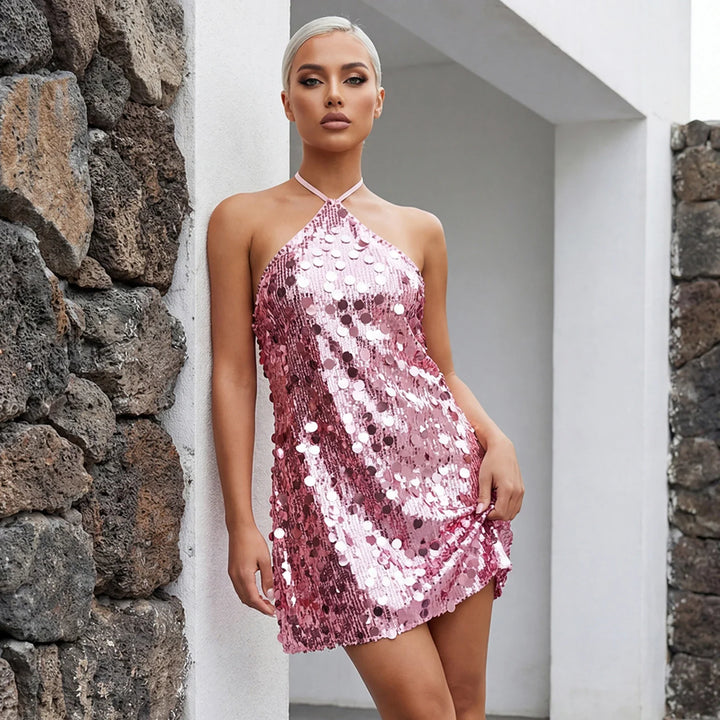 Damska Sukienka Cekinowa Mini z Odkrytymi Plecami | Halter