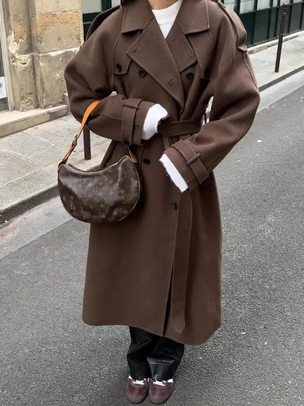 Damski Płaszcz Trencz Elegancki Długi Dwurzędowy | Zimowy