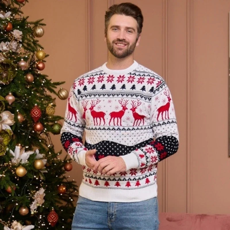 Unisex Sweter Norweski Świąteczny z Dzianiny w Renifery | Ciepły