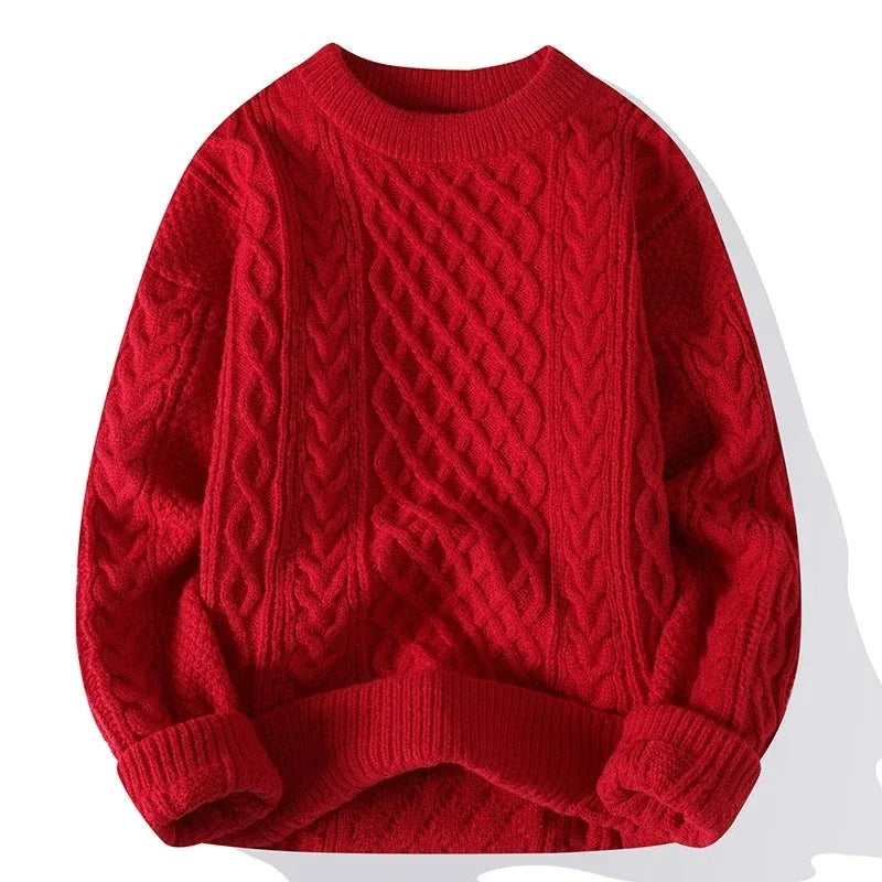 Męski Sweter w Warkocze z Okrągłym Dekoltem | Gruby