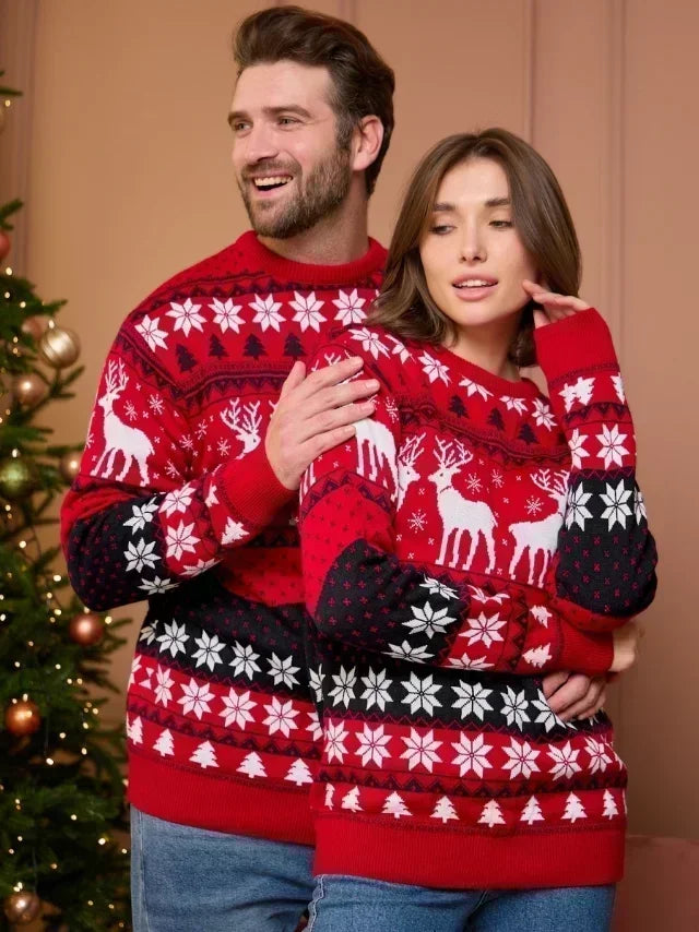 Unisex Sweter Norweski Świąteczny z Dzianiny w Renifery | Ciepły