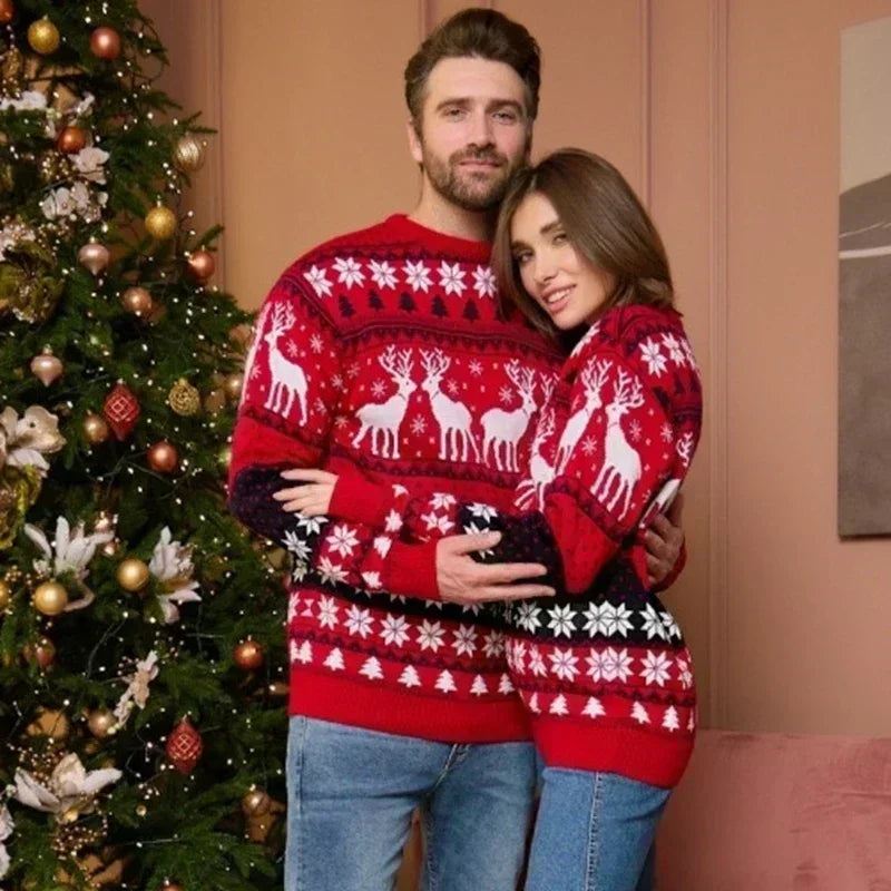 Unisex Sweter Norweski Świąteczny z Dzianiny w Renifery | Ciepły