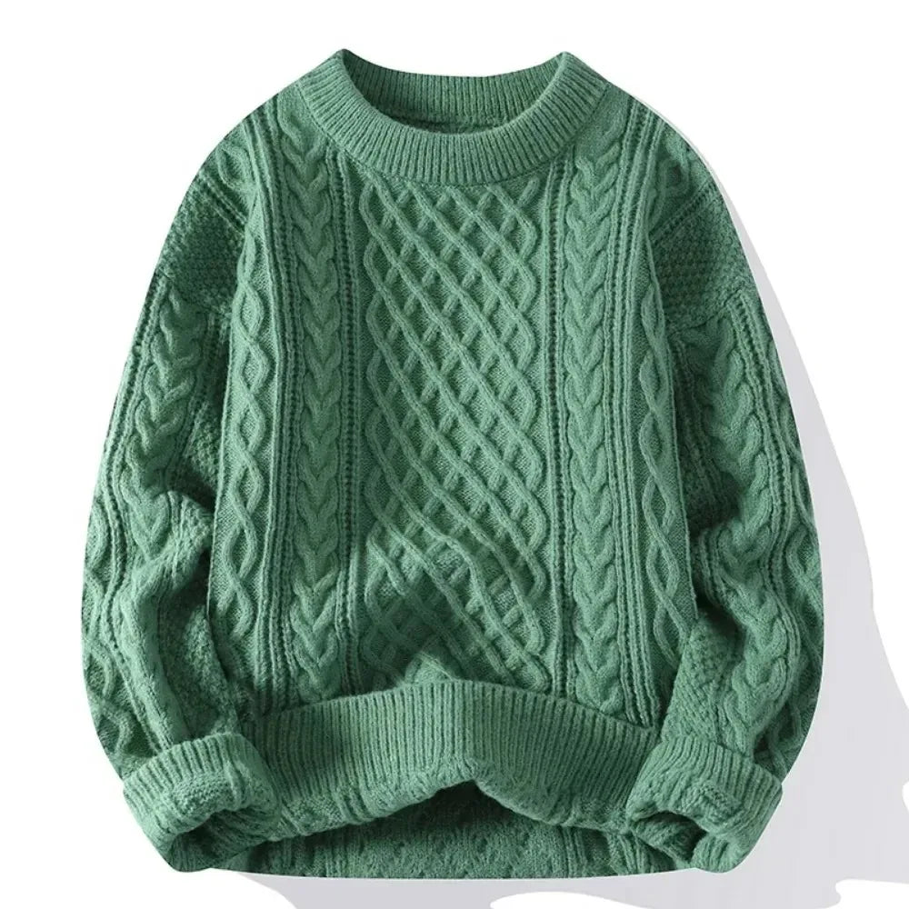 Męski Sweter w Warkocze z Okrągłym Dekoltem | Gruby