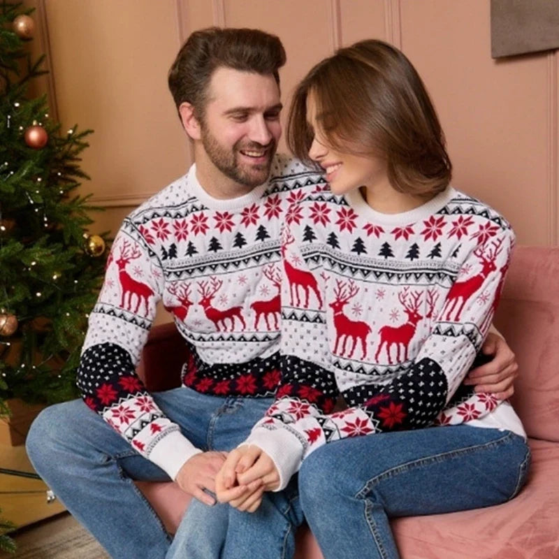 Unisex Sweter Norweski Świąteczny z Dzianiny w Renifery | Ciepły