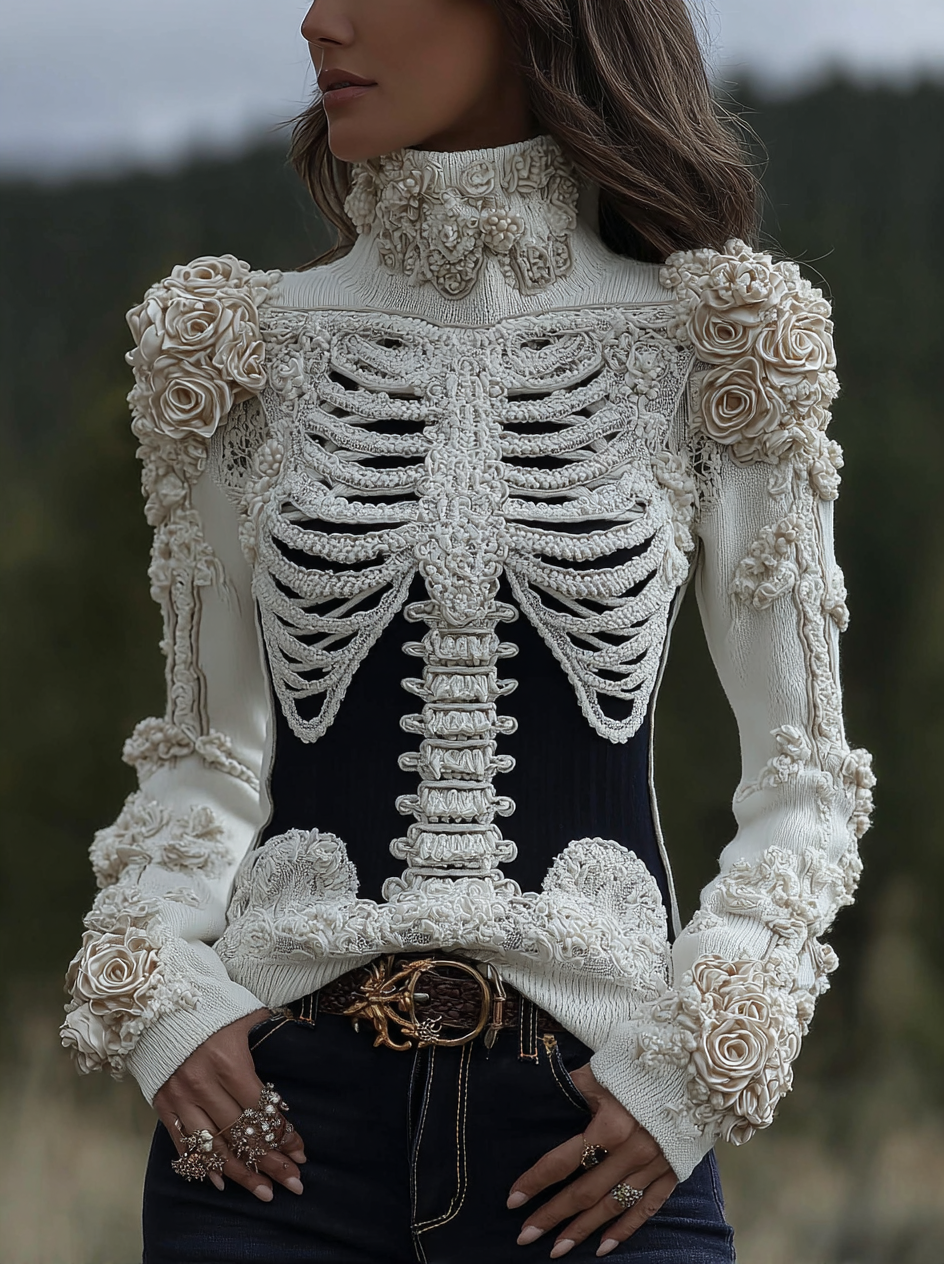 Damski Sweter Golf Biały z Dzianiny | Halloween