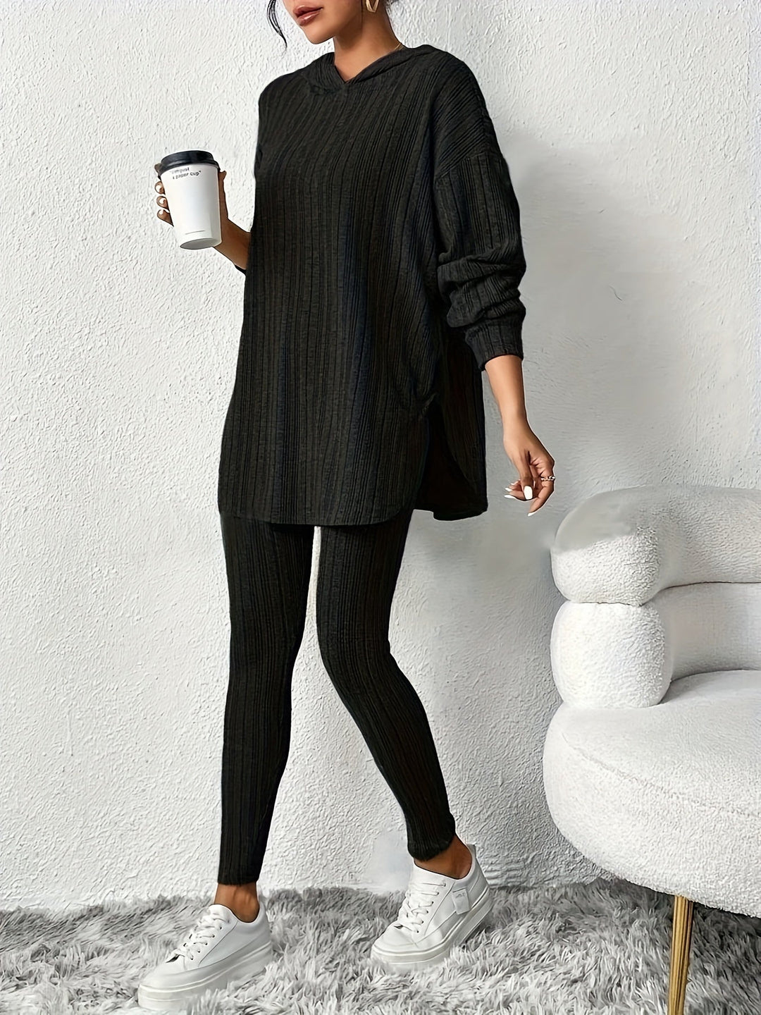 Damski Komplet Prążkowany Slim Fit z Dzianiny | Oversize