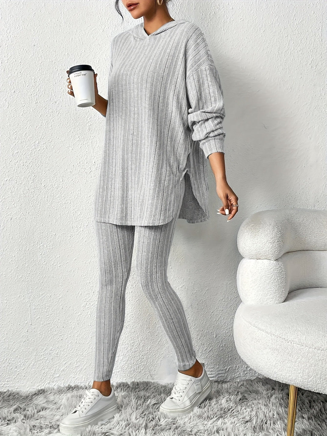 Damski Komplet Prążkowany Slim Fit z Dzianiny | Oversize