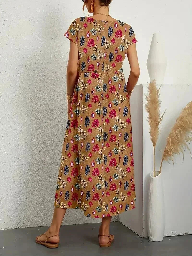 Damska Sukienka Boho z Nadrukiem i Kieszeniami | Midi
