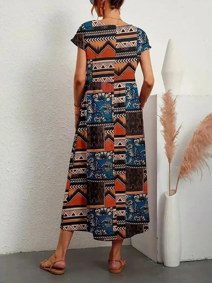 Damska Sukienka Boho z Nadrukiem i Kieszeniami | Midi