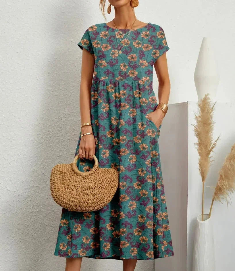 Damska Sukienka Boho z Nadrukiem i Kieszeniami | Midi